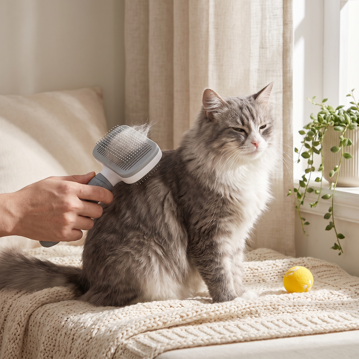 Brushing a fluffy gray long-haired cat with the Pop Brush by a sunny window