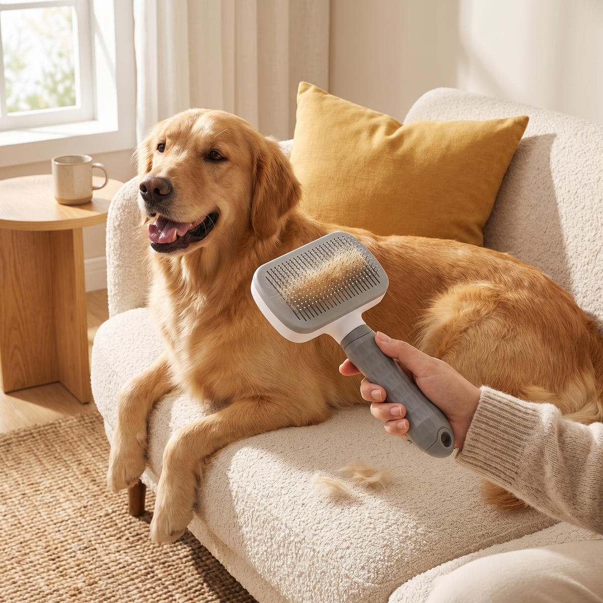 Brushing a golden retriever on a cream sofa with the Pop Brush