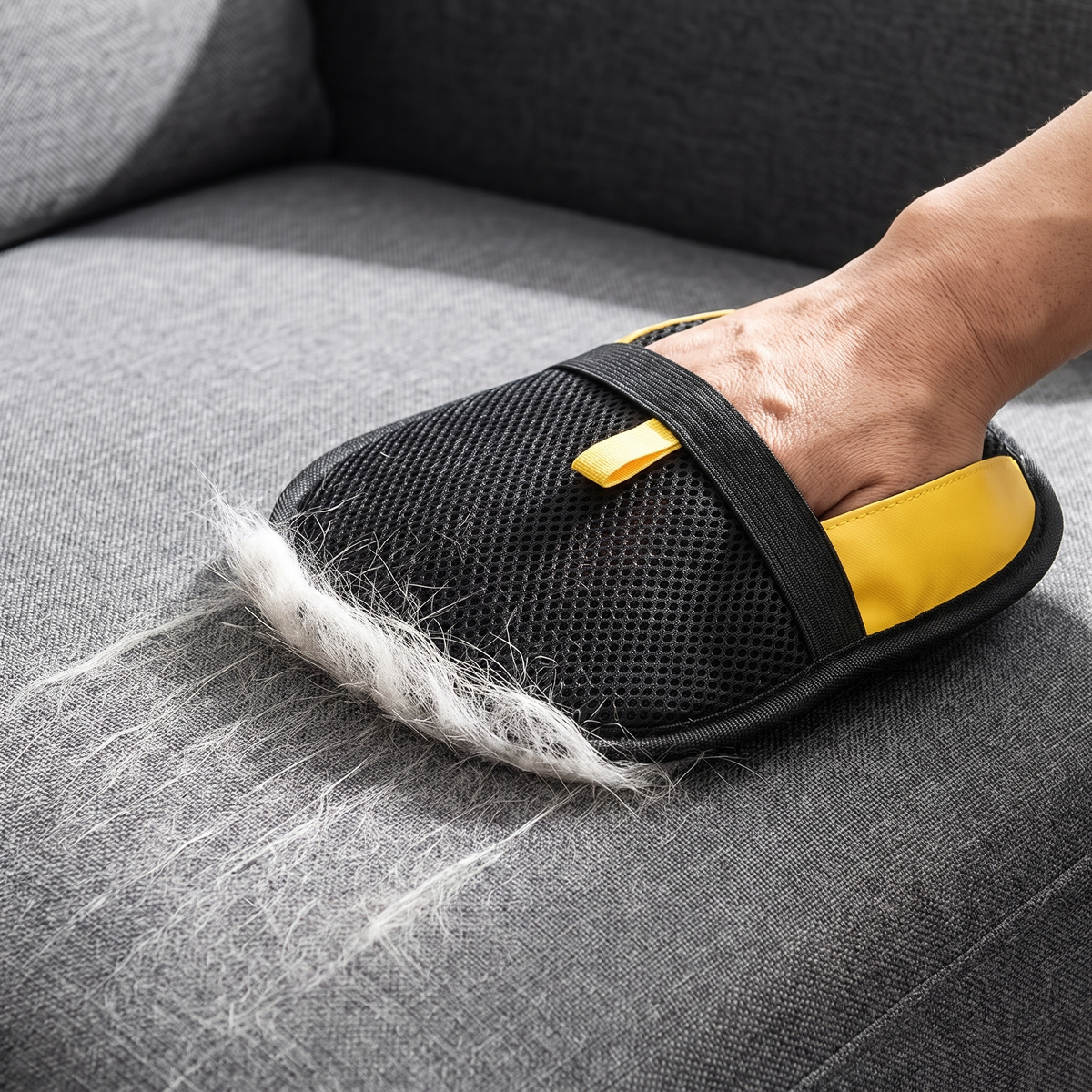 Fur Grab Mitt swiping white cat hair off a gray sofa cushion