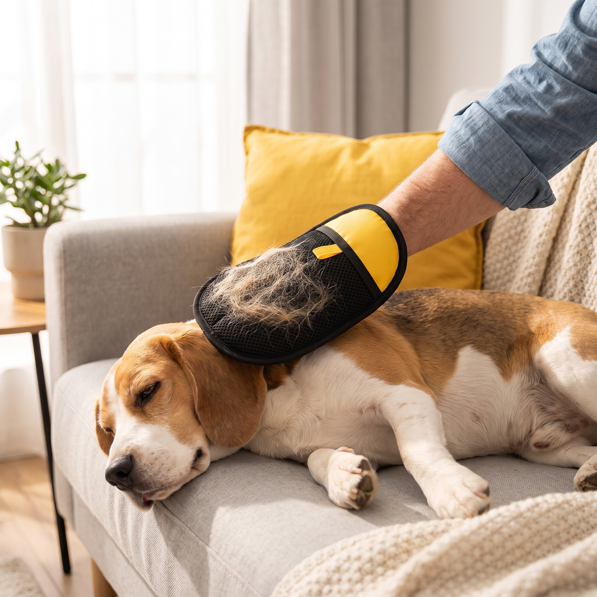 Stroking a beagle on the sofa with the Fur Grab Mitt as loose hair collects