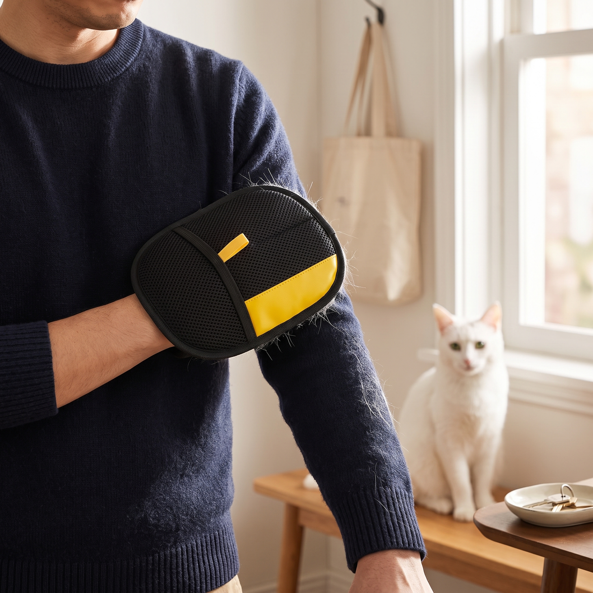 Removing cat hair from a navy sweater sleeve with the Fur Grab Mitt