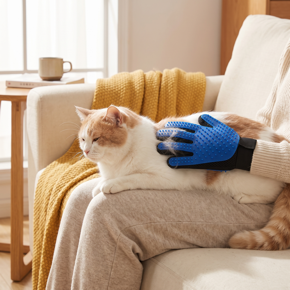 Petting a ginger and white cat on the sofa with the Purr Glove