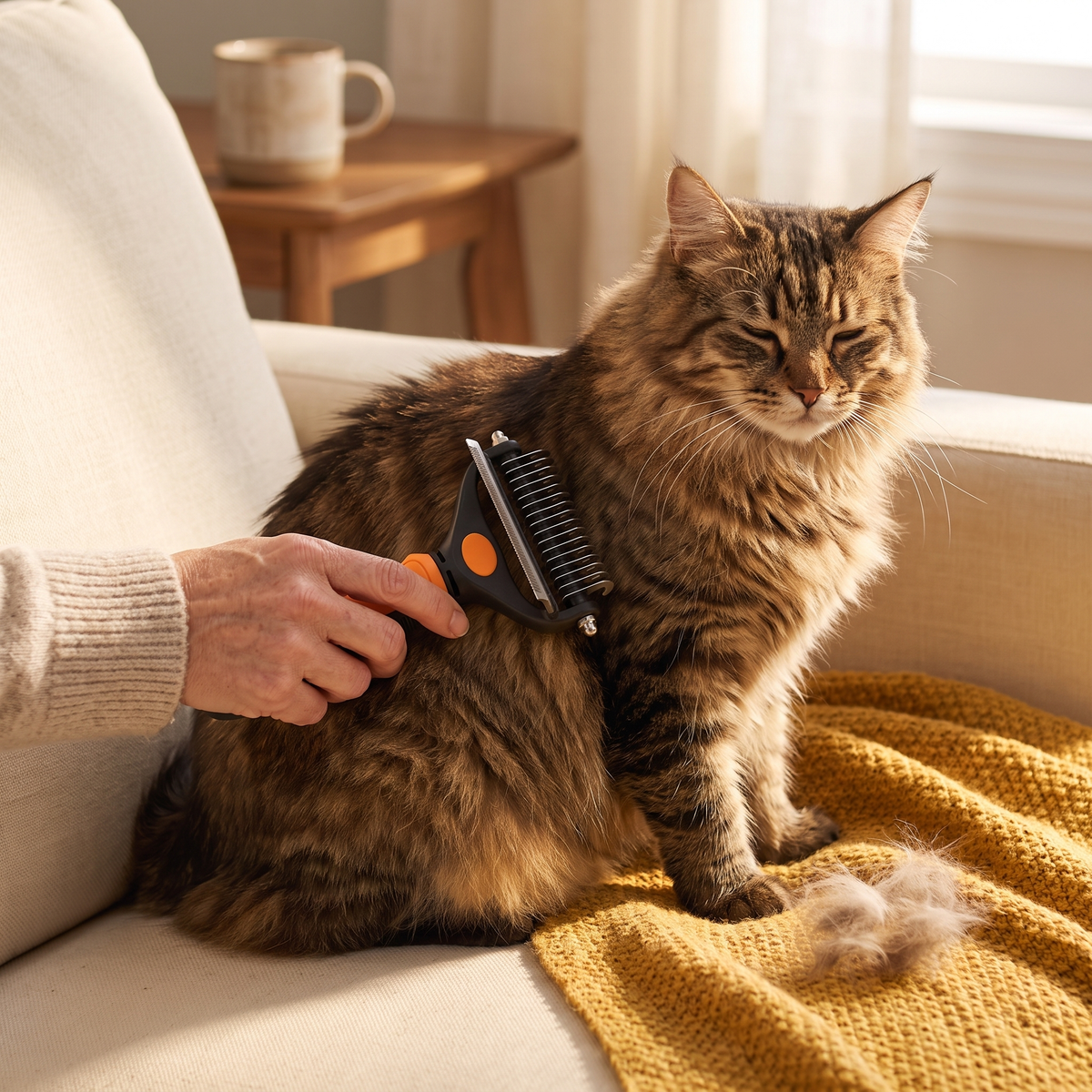 Grooming a long-haired tabby cat on the sofa with the orange Knot Buster rake