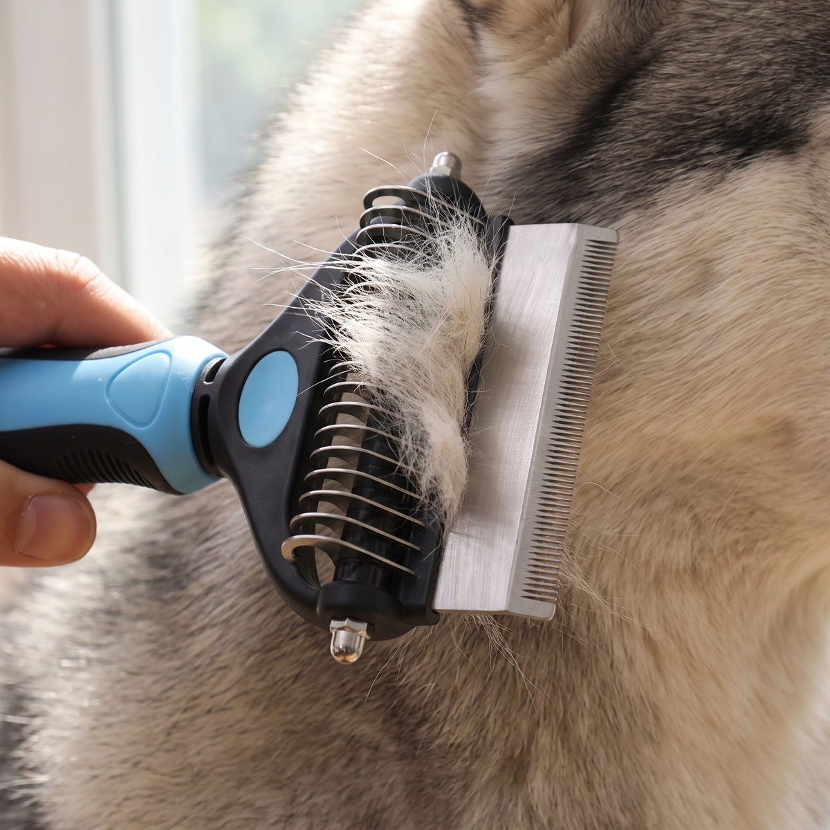 Knot Buster's curved blades lifting a tuft of loose undercoat from a husky's neck