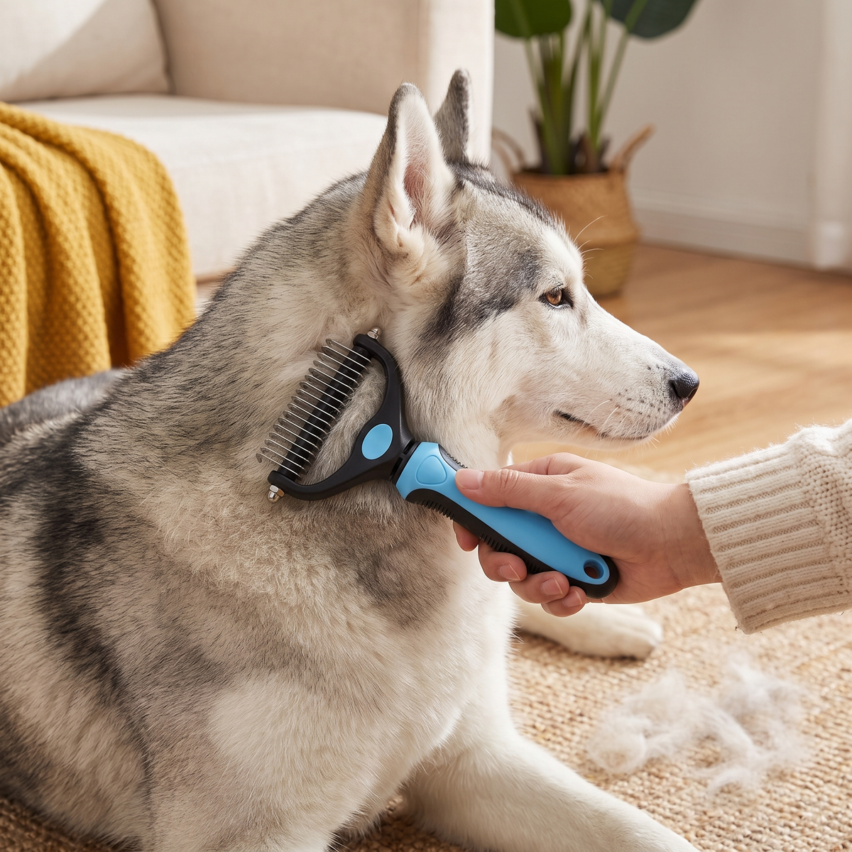 Brushing a Siberian husky's neck fur with the blue Knot Buster rake